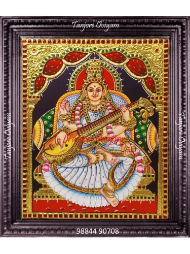 Authentic Goddess Saraswathi Tanjore painting seated veena red arch gold foil artwork